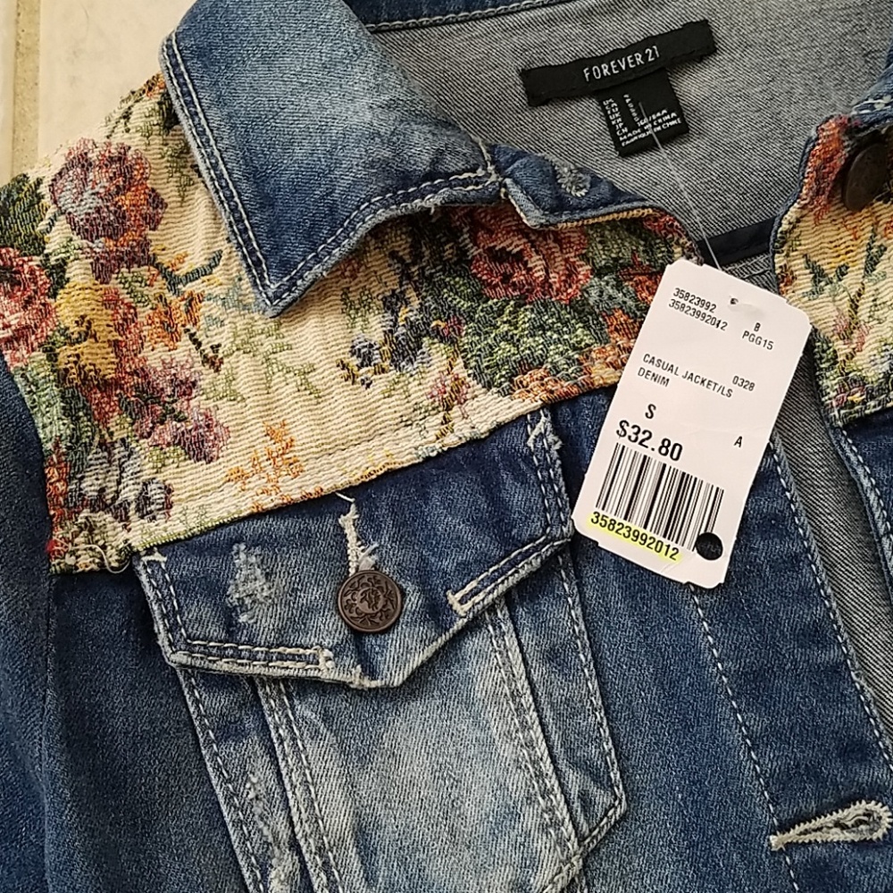 Forever 21 Blue Denim Jacket with Floral Accents - Picture 2 of 3